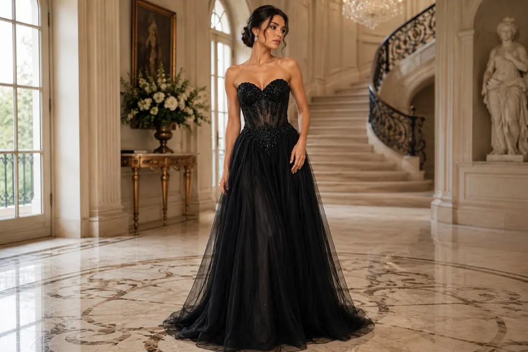 Black corset ball gown with sheer embellished bodice