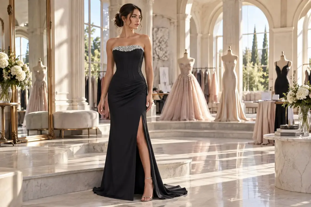 Black fitted prom dress body proportions