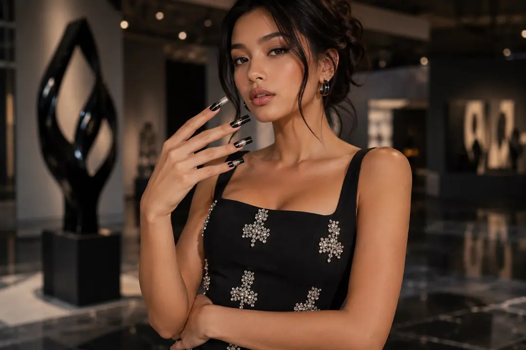 Black geometric prom nails with crystal dress