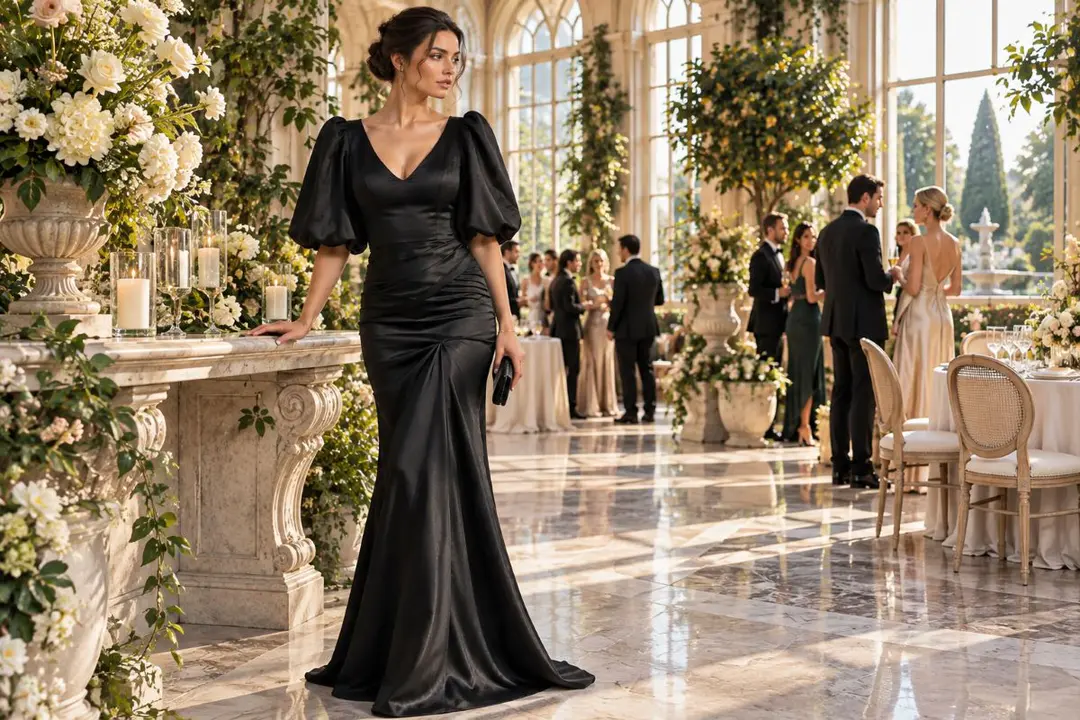 Black satin gown with puff sleeves on a black tie optional wedding guest