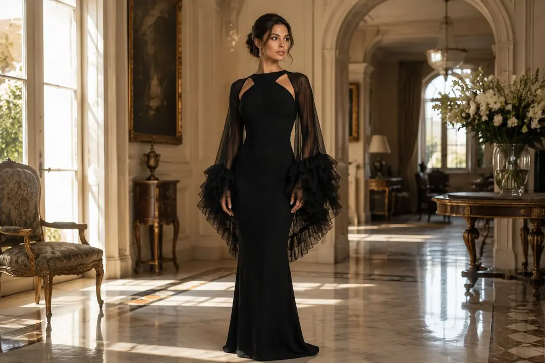 Black halter gown ruffle sleeves