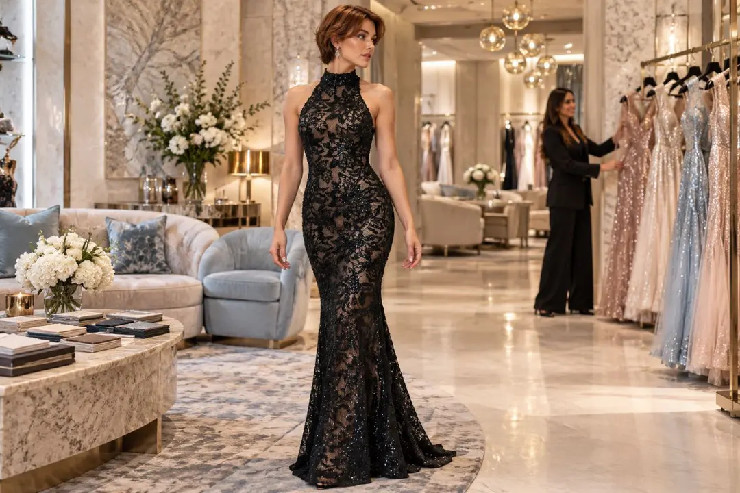 Black halter lace prom gown consultation suite