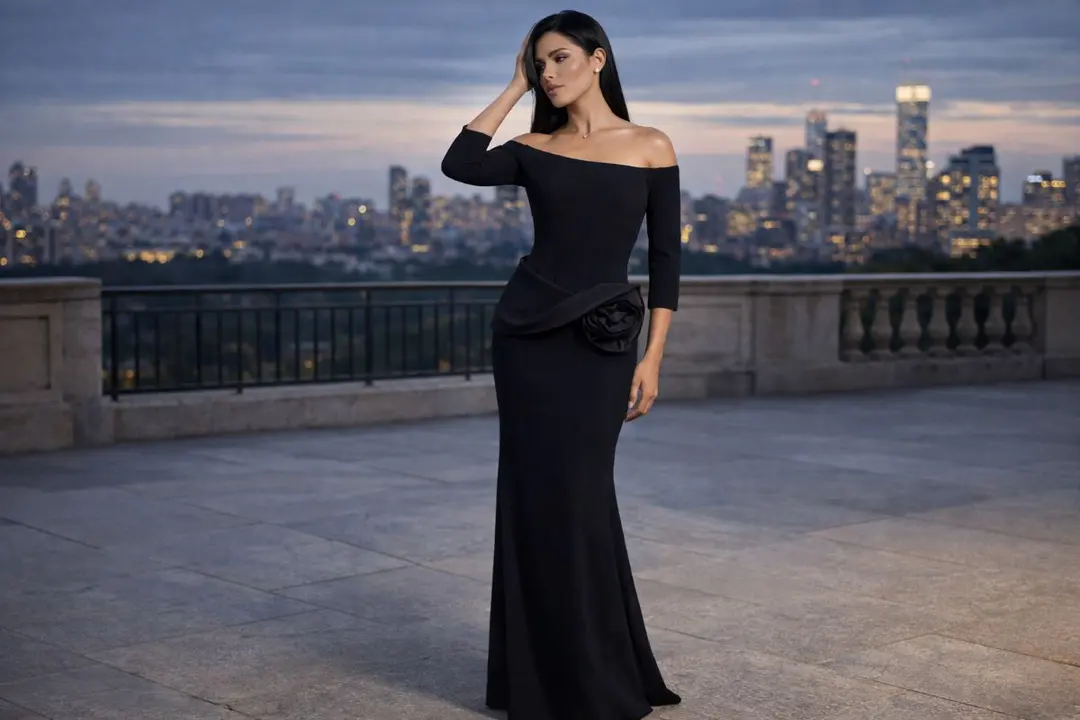 Black off-shoulder gown with fitted silhouette