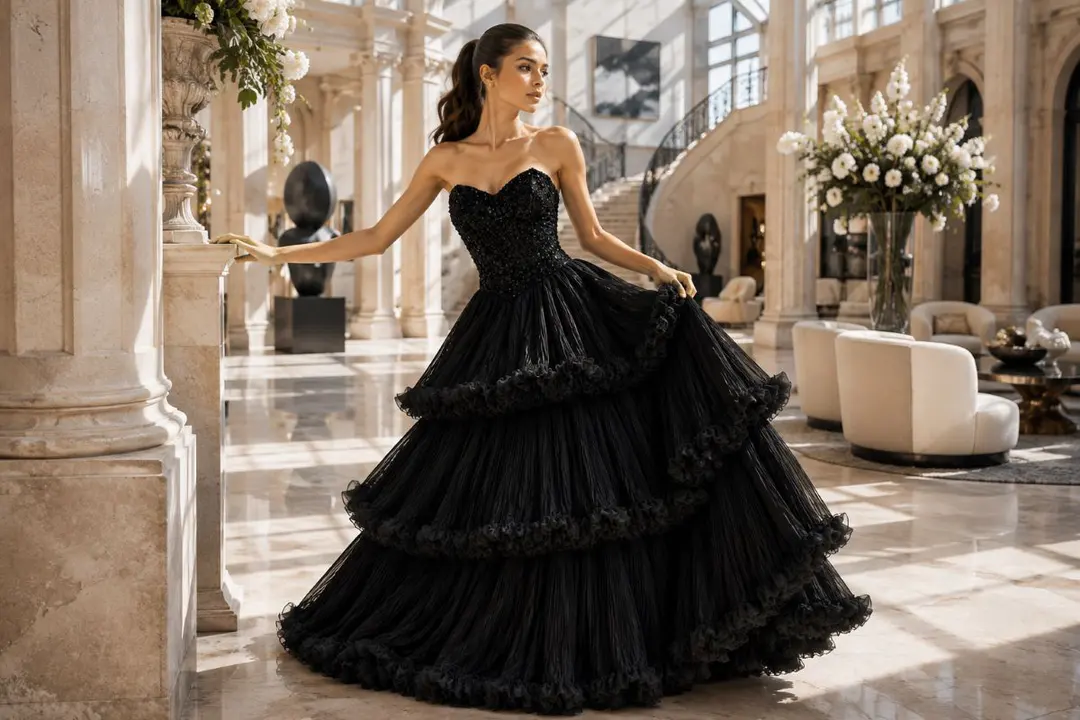 Black pleated ball gown editorial fashion
