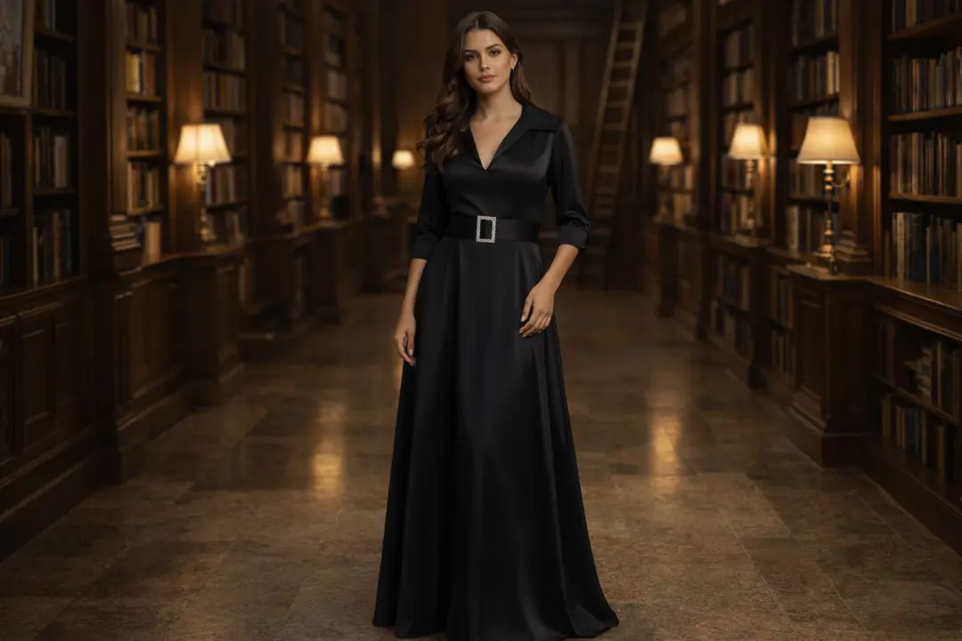 Black satin A-line evening gown