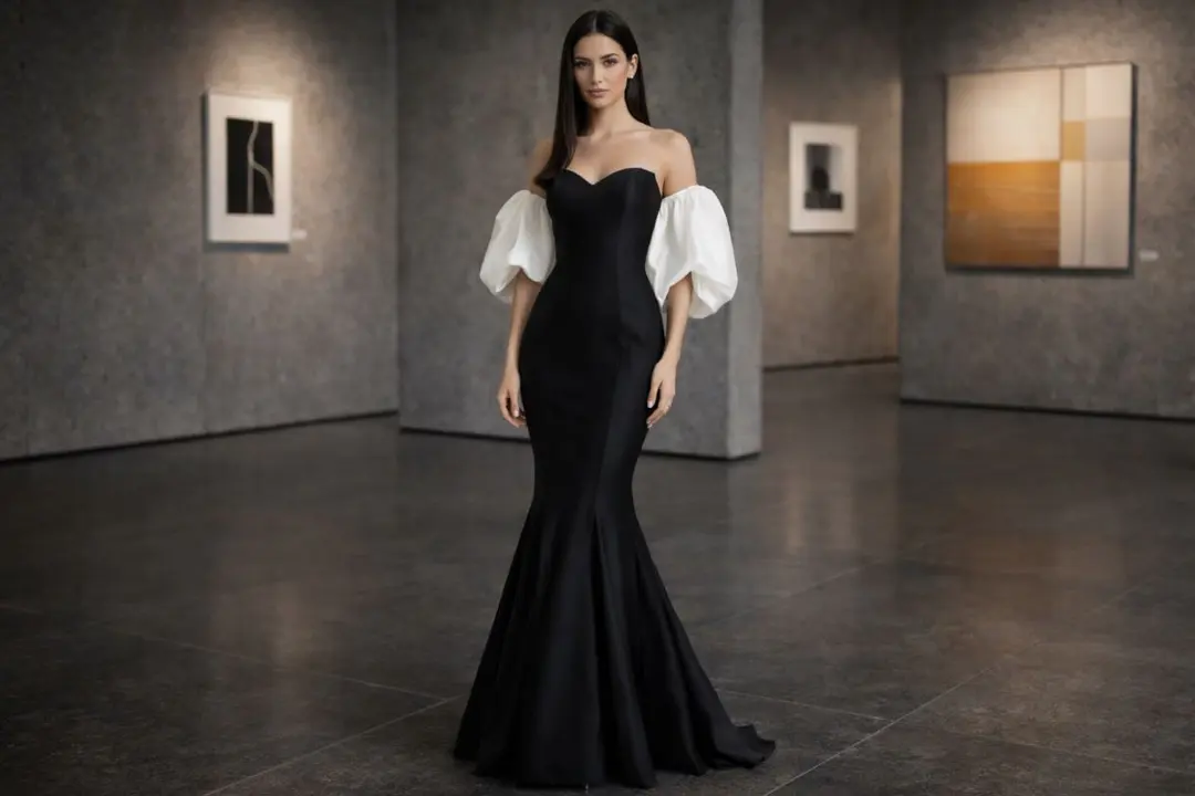 Black strapless mermaid evening gown with white detachable puff sleeves in a modern gallery