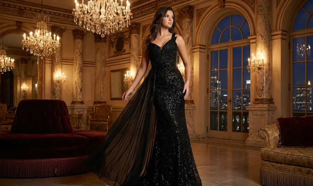 Woman in black sequin dress