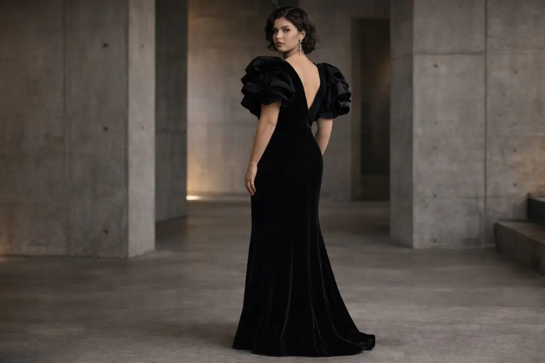 Black velvet plus size evening gown with dramatic sleeves full body