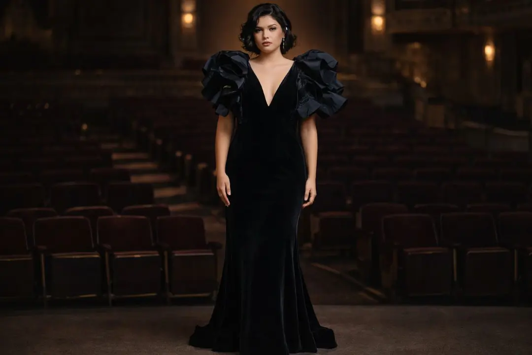 Black velvet gown with ruffled shoulders