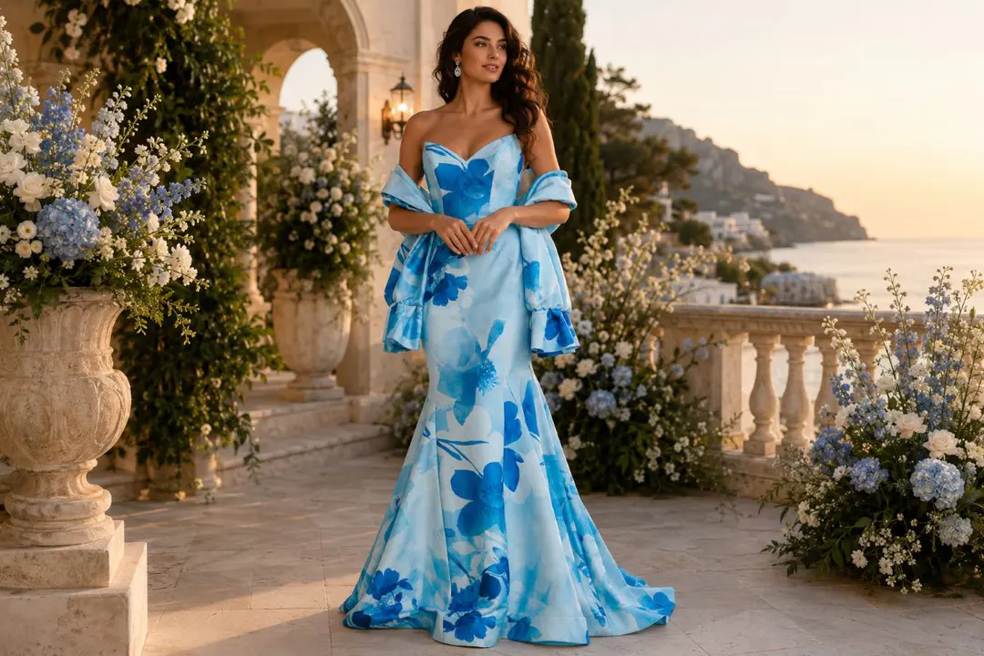 Blue floral satin mother of the bride gown for spring wedding