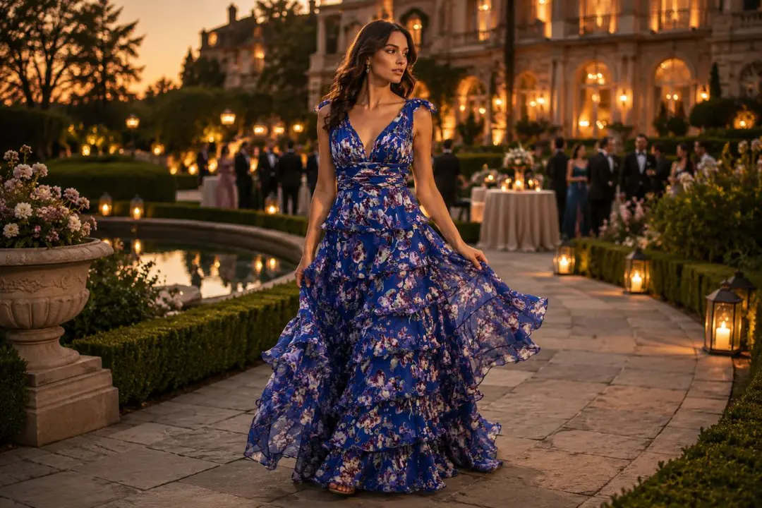 Blue floral tiered chiffon gown at garden gala