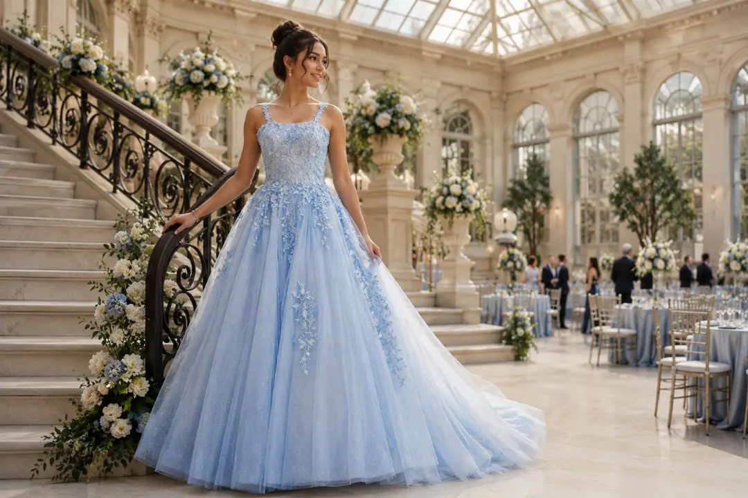Blue girls formal gown editorial look