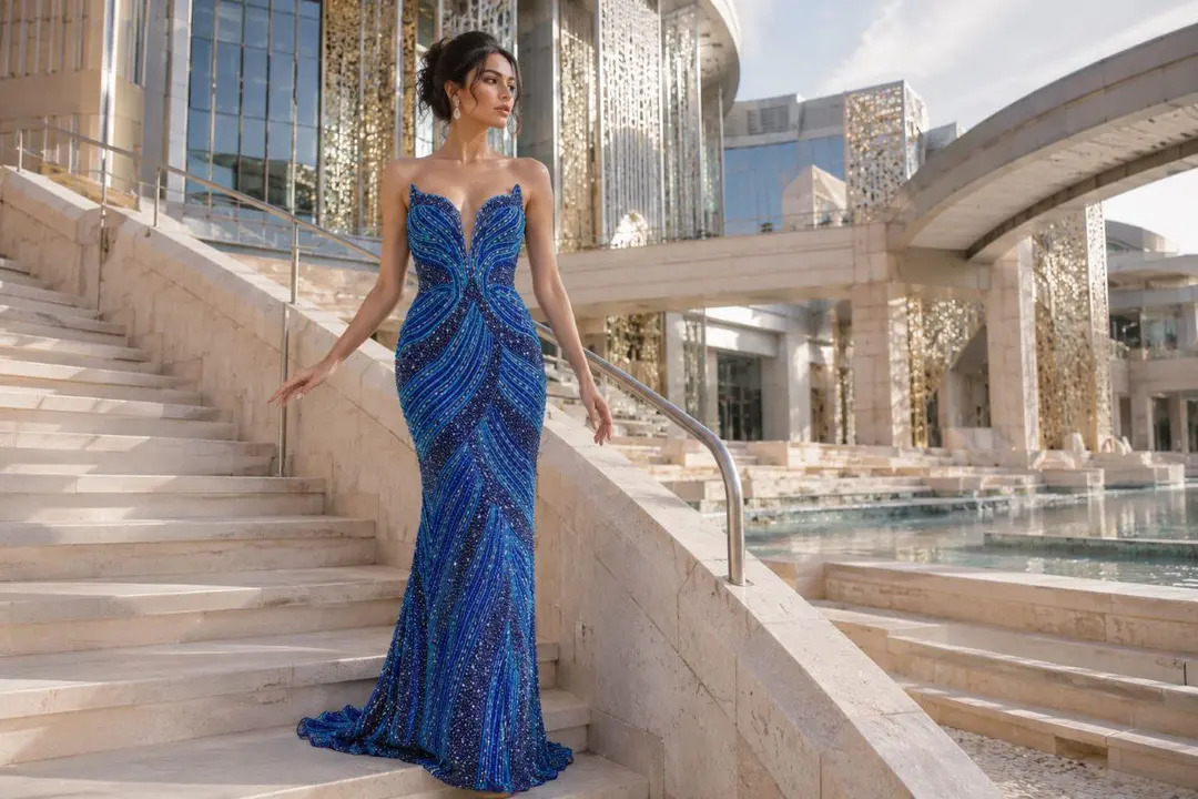 Blue strapless sweetheart gown editorial fashion