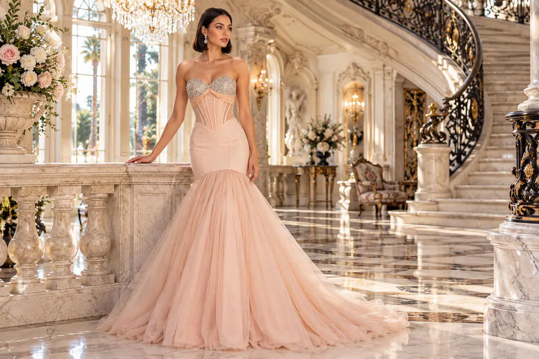 Blush mermaid gown with dropped waist corset