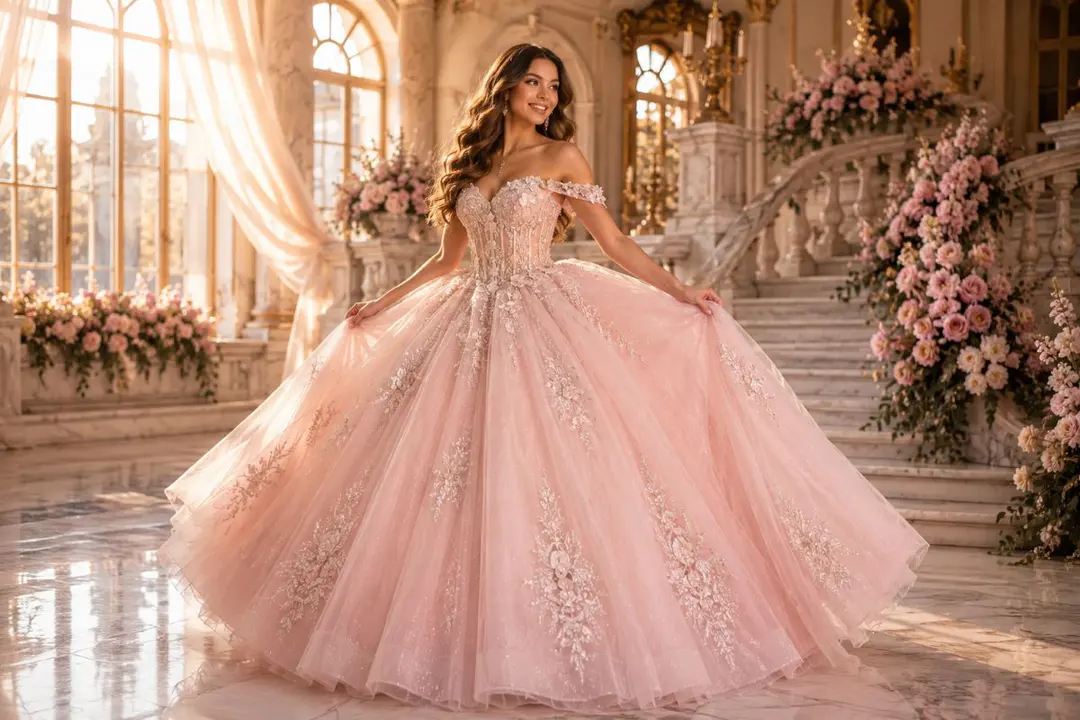 Blush pink quinceañera gown inside elegant hacienda ballroom