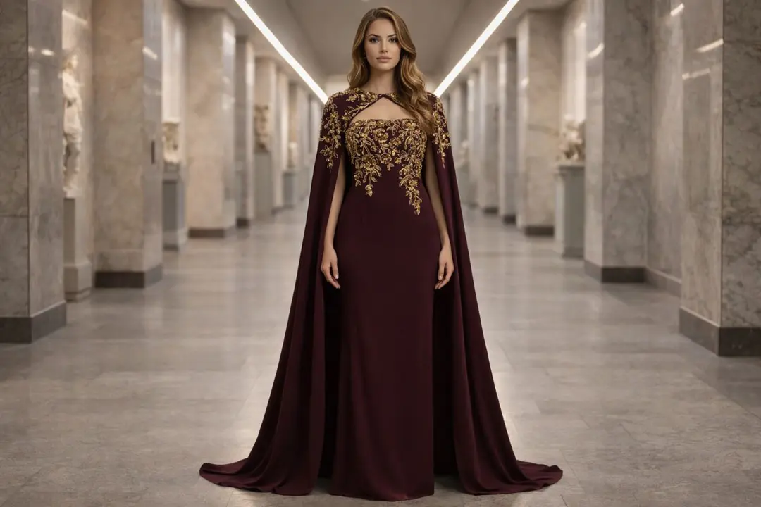 Burgundy embroidered cape column gown