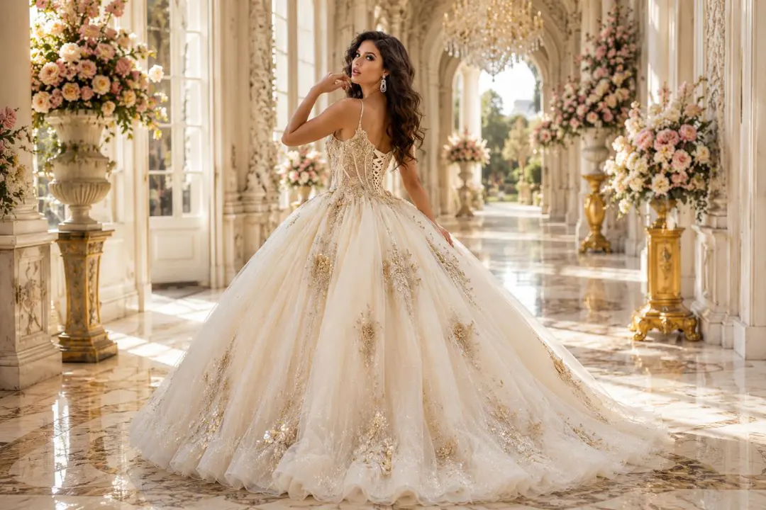 Champagne gold Quinceañera ball gown with corset back in luxury palace
