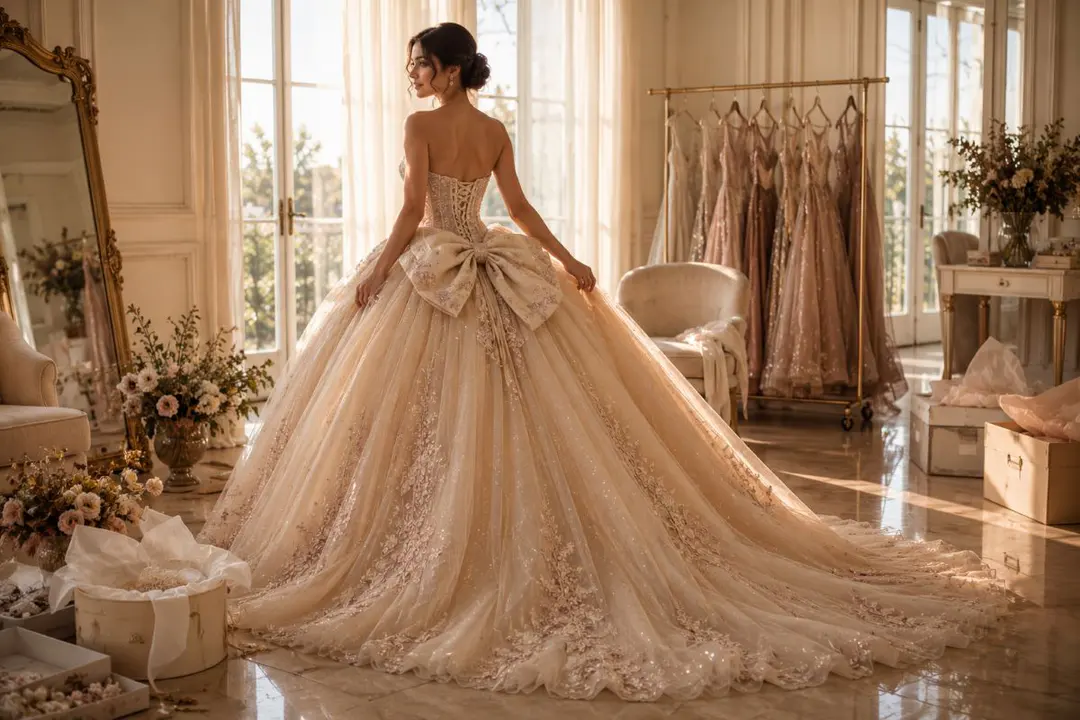 Champagne quinceañera gown morning preservation preparation