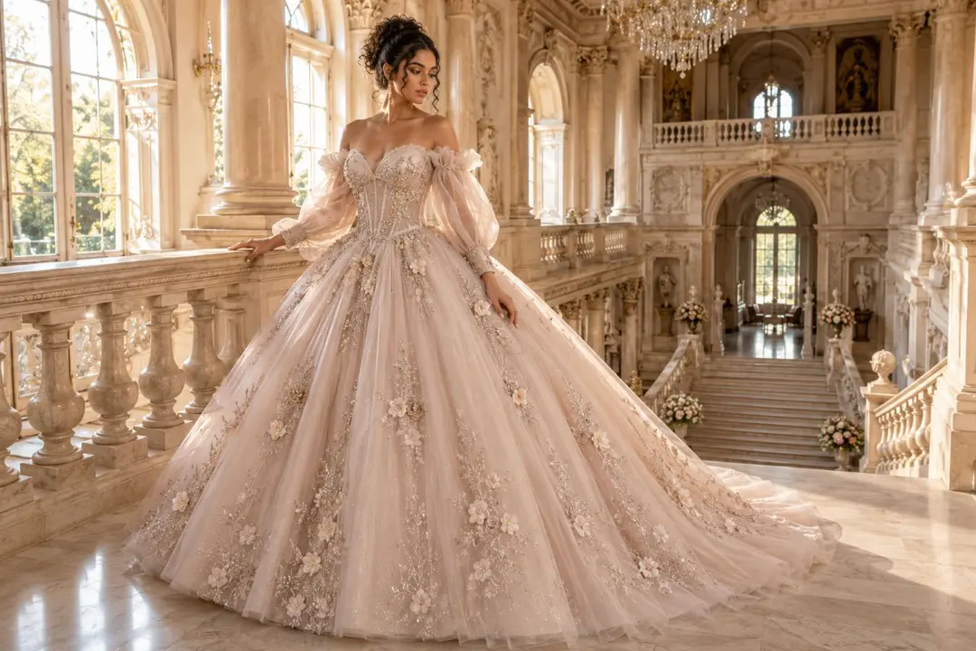 Champagne quinceañera structured corset ball gown