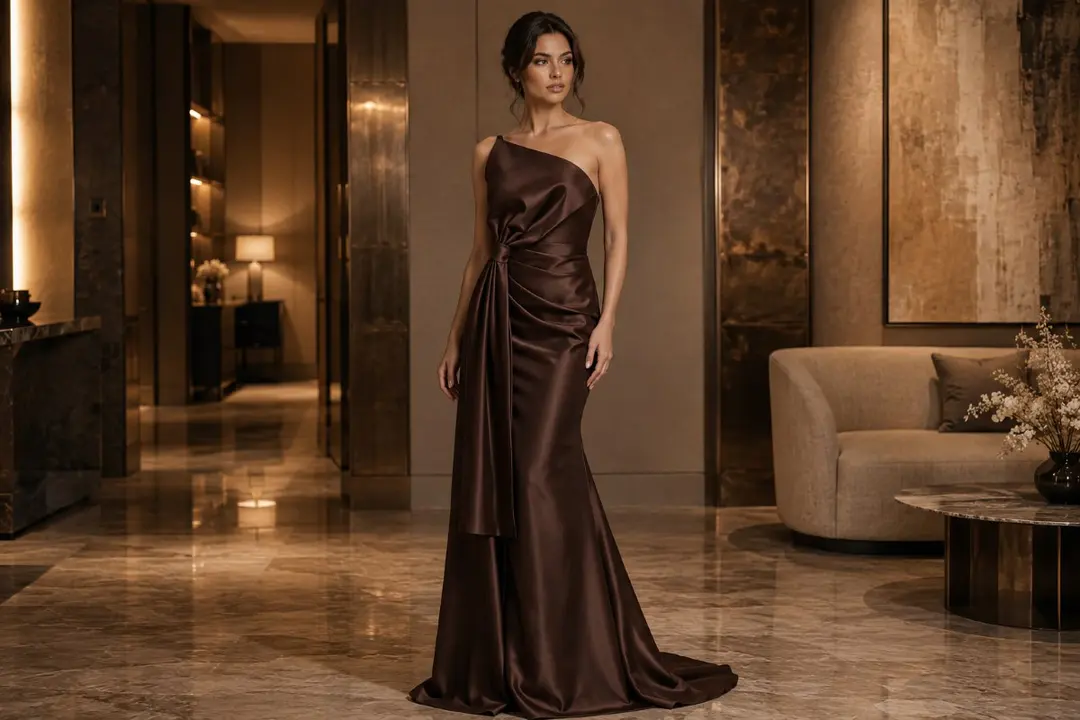 Chocolate brown satin evening gown in warm neutral tones