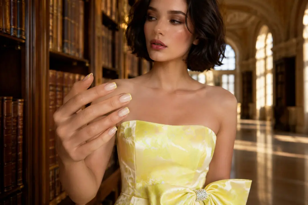 Classic ivory prom nails with yellow dress