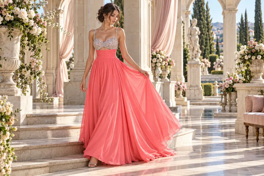 Coral A-Line prom dress silhouette