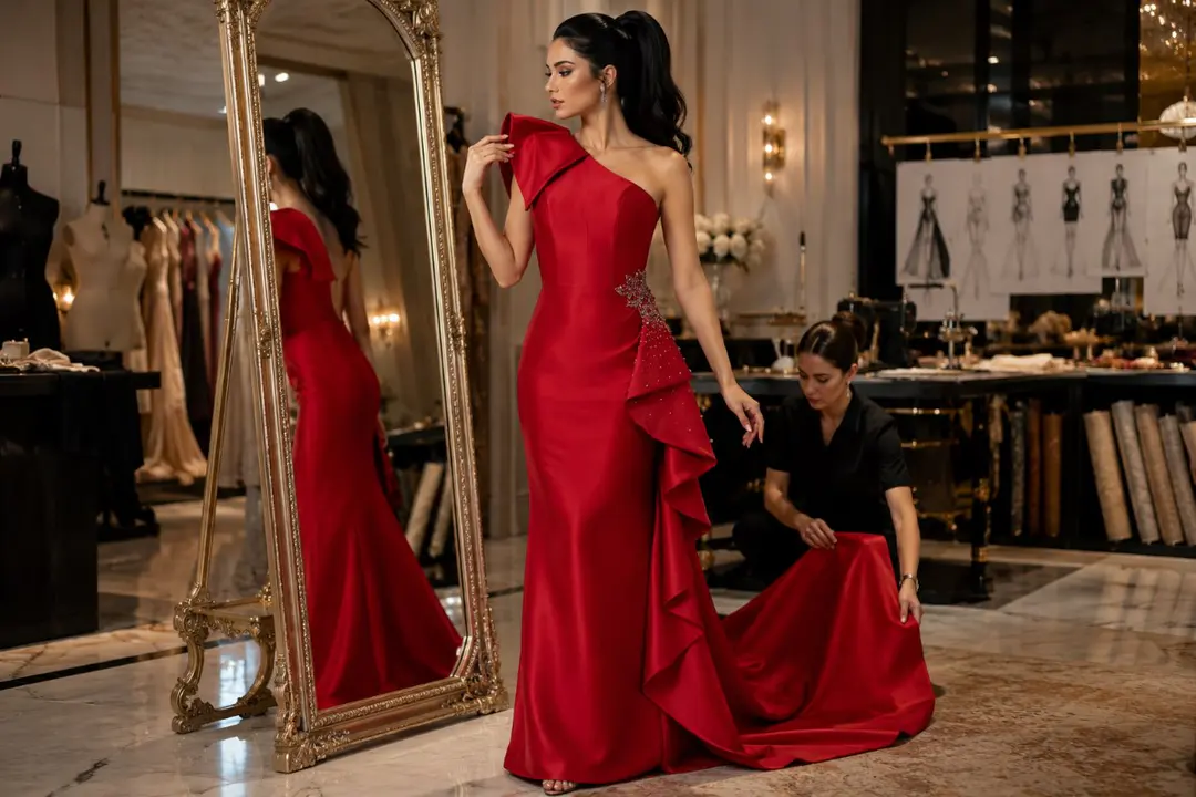 Light blue column gown in penthouse
