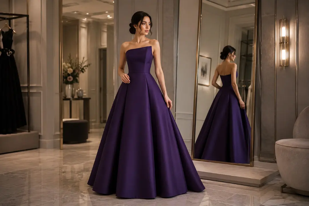 Eggplant satin ball gown with clean waistline