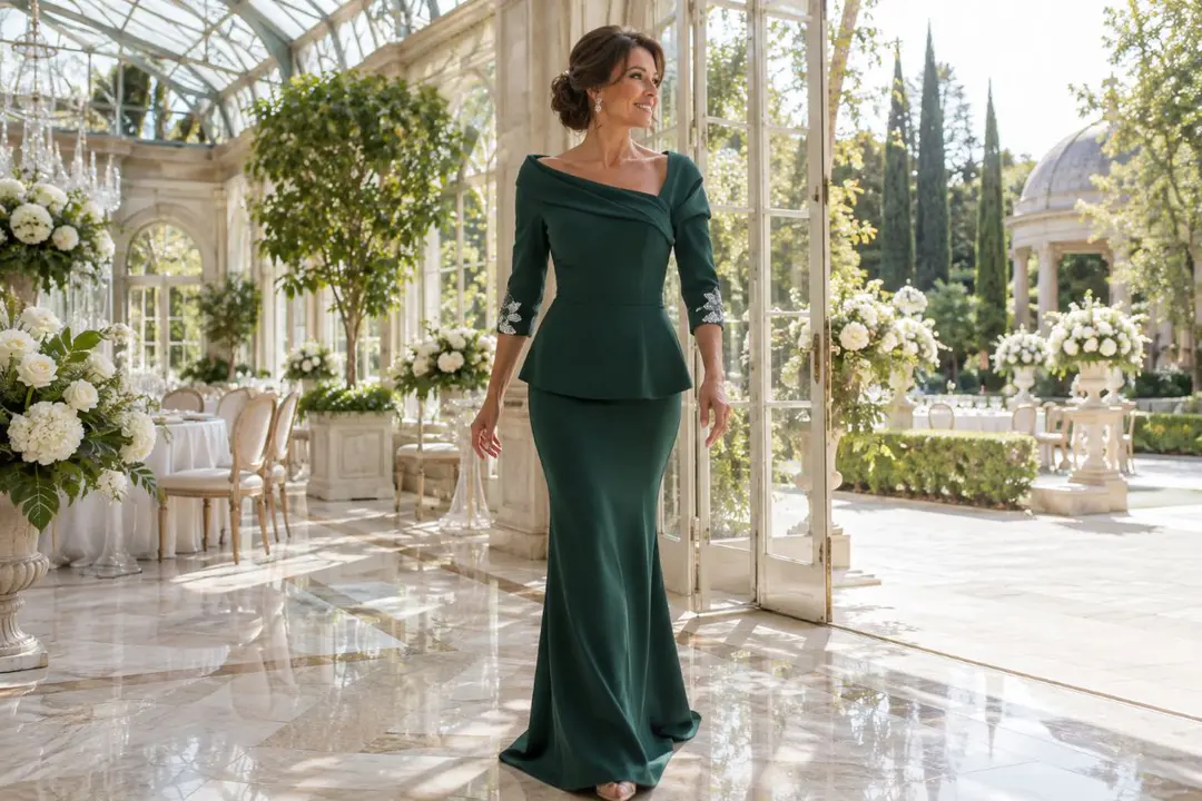 Emerald crepe mother bride seasonal gown