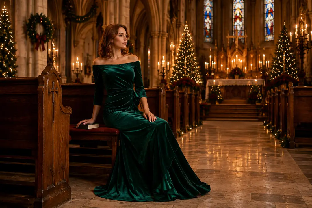 Emerald velvet church service evening gown