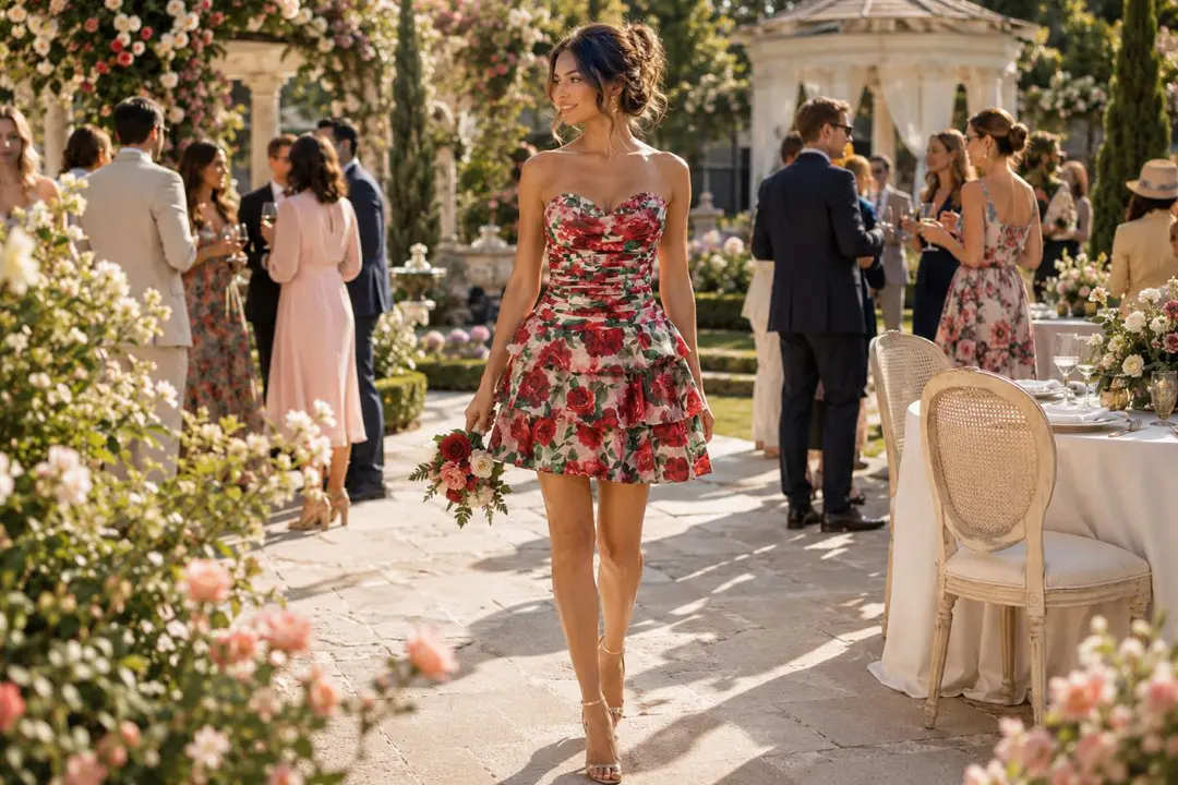 Floral cocktail dress at elegant afternoon garden party