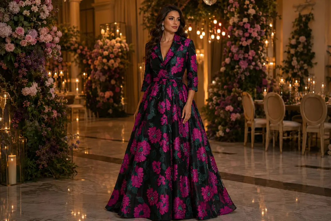Floral jacquard mother of the bride gown with fuchsia botanical pattern