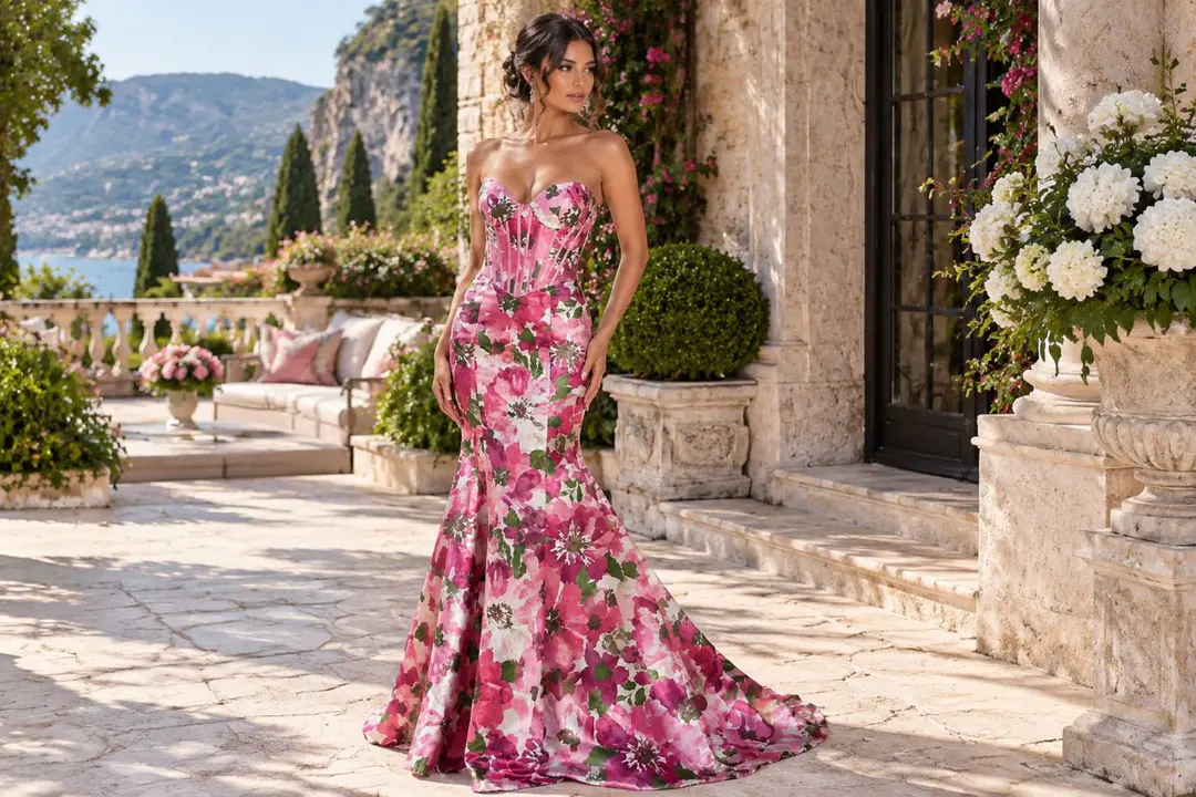 Floral mermaid prom gown editorial look