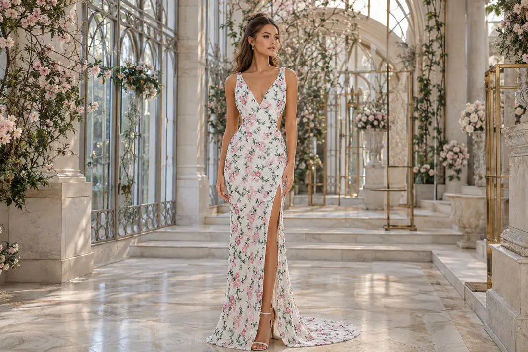 Floral prom gown half up hairstyle