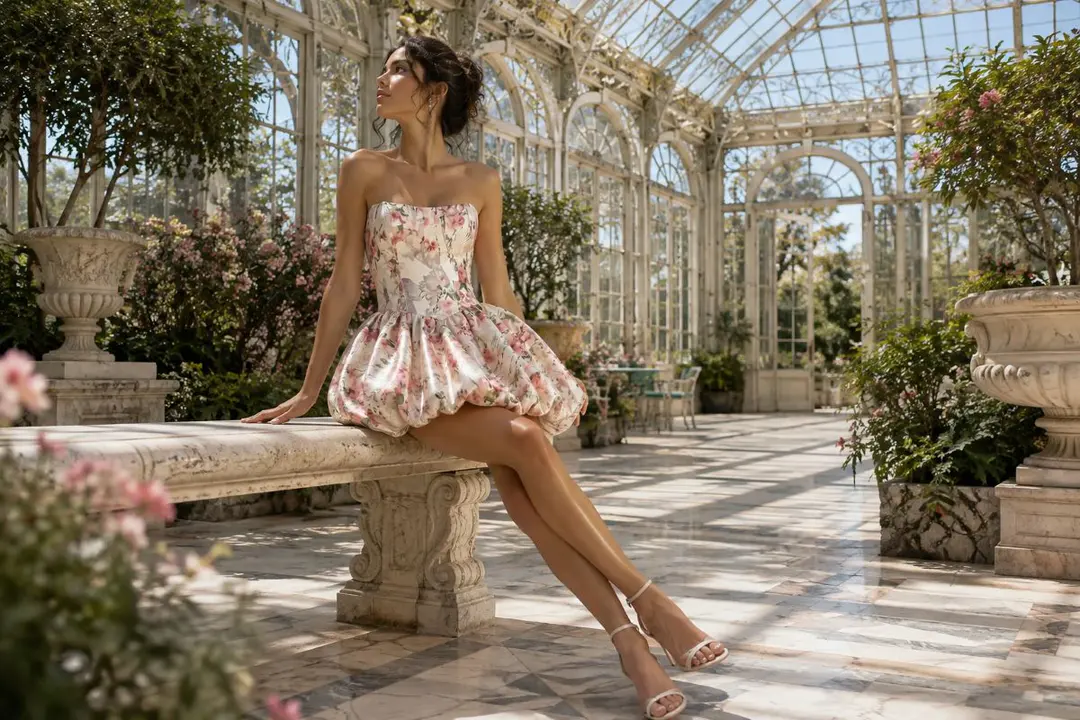 Floral satin bubble mini cocktail dress