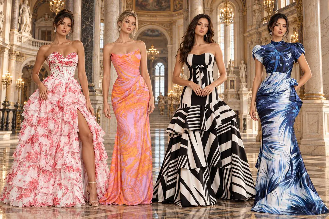 Four printed prom dresses editorial fashion