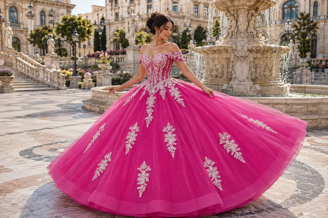 Fuchsia quinceañera ball gown editorial movement
