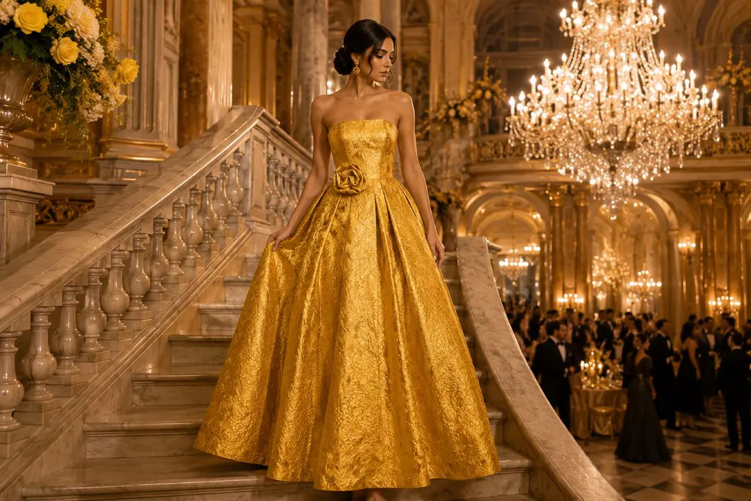 Golden yellow strapless jacquard ball gown