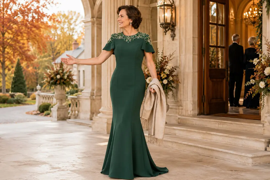 Green fall mother of bride gown