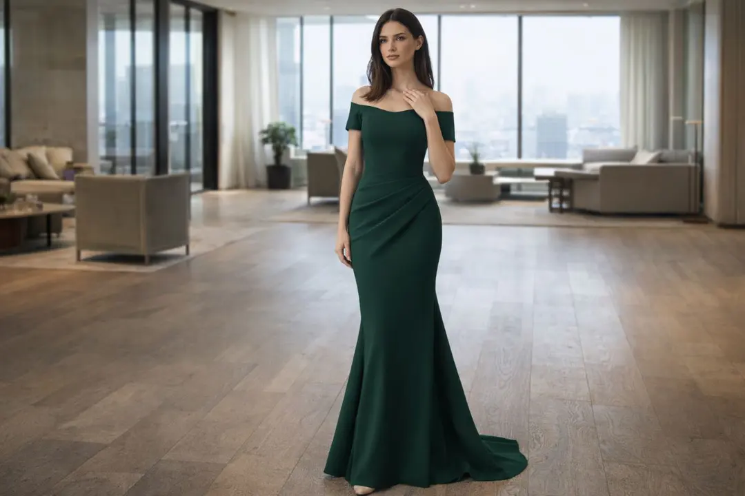 Green off-shoulder fitted evening gown
