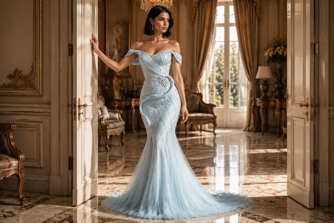 Ice blue crystal mermaid evening gown