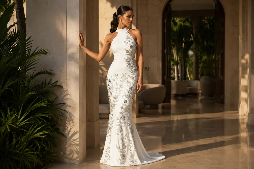 Woman wearing ivory embellished halter mermaid gown