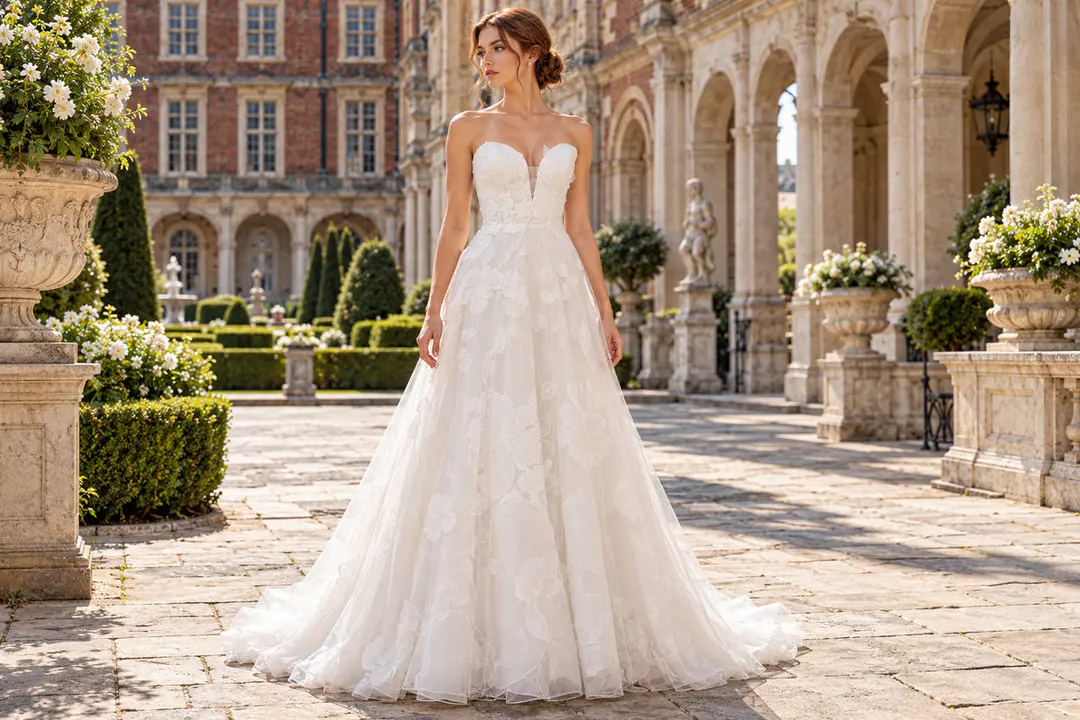 Ivory floral A-line wedding gown with train