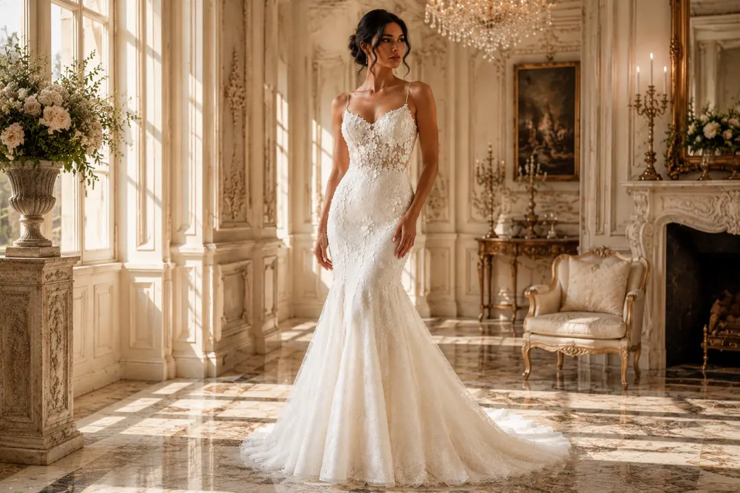 Ivory floral mermaid bridal wedding dress
