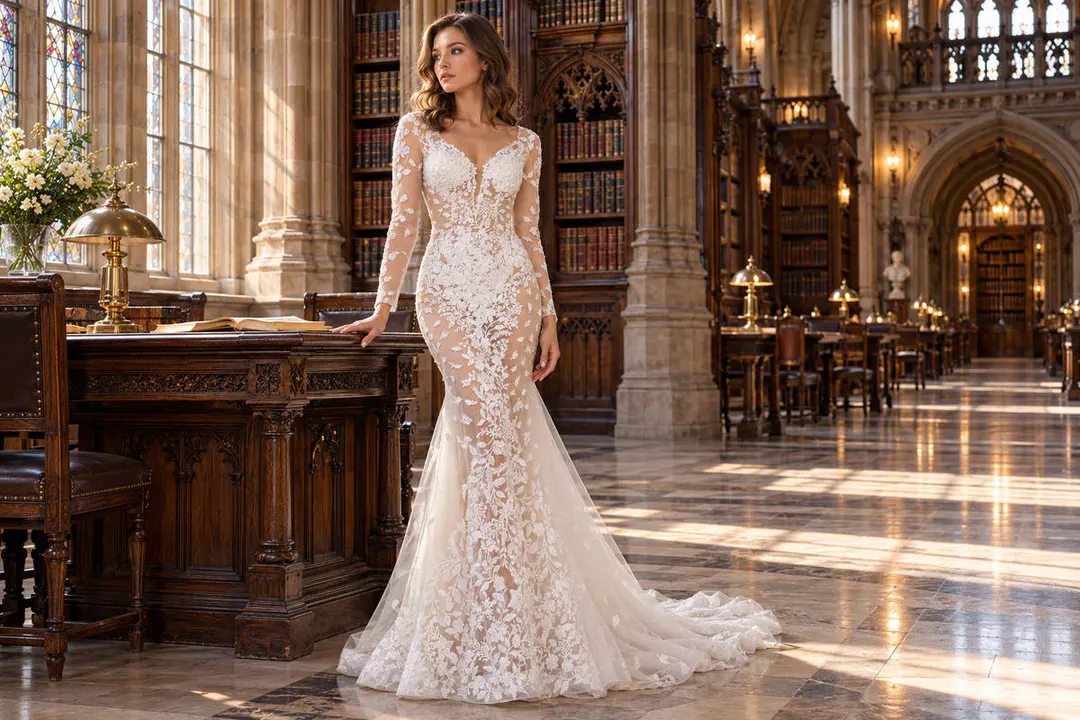 Ivory illusion lace wedding dress with sleeves