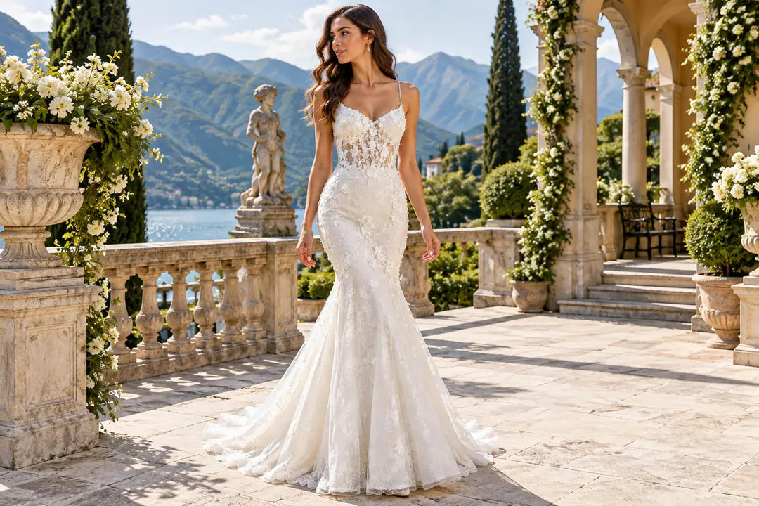 Ivory lace mermaid wedding dress with appliques