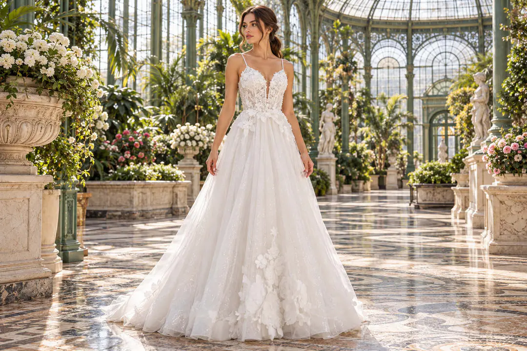 Ivory tulle wedding gown with floral appliques