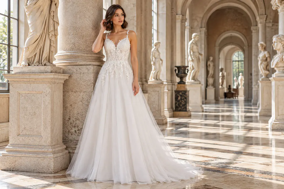 Ivory V-neck wedding dress with floral embroidery