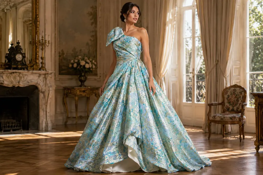 Luxury jacquard old money ballgown with one shoulder bow