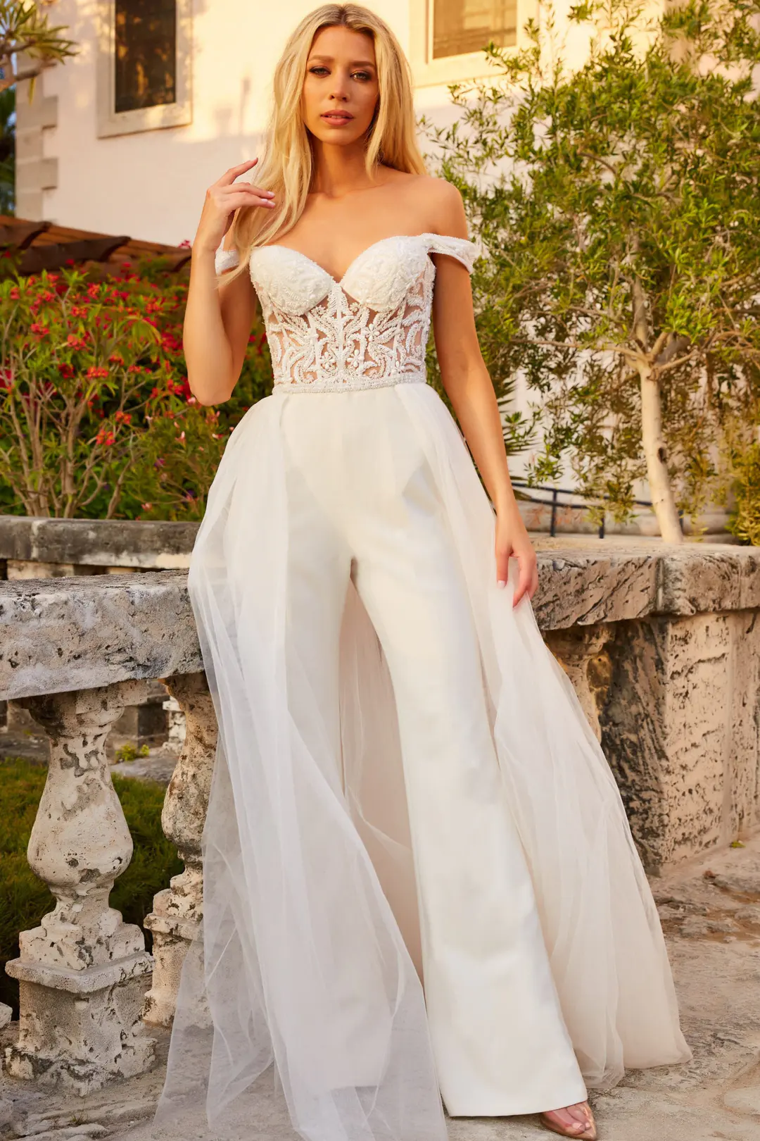 JB06507 Off-White Beaded Bodice Bridal Jumpsuit